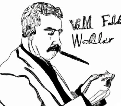 En la imagen se presenta una ilustración hecha con pluma de William Faulkner leyendo.