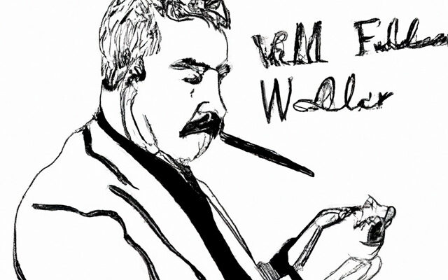 En la imagen se presenta una ilustración hecha con pluma de William Faulkner leyendo.