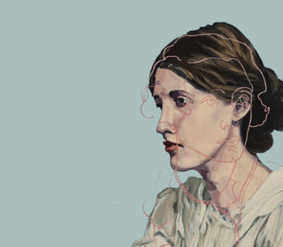 Ilustración de Virginia Woolf sobre un fondo azul aqua para ilustrar un ensayo que habla de qué es una buena novela.