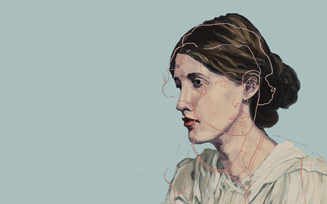 Ilustración de Virginia Woolf sobre un fondo azul aqua para ilustrar un ensayo que habla de qué es una buena novela.