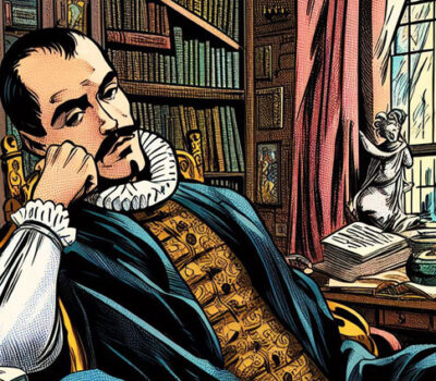 Ilustración tipo cómic. En la imagen se ve a un hombre del siglo XVI aburrido y ocioso en su oficina que es Michel de Montaigne.