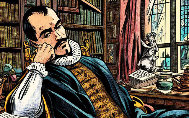 Ilustración tipo cómic. En la imagen se ve a un hombre del siglo XVI aburrido y ocioso en su oficina que es Michel de Montaigne.