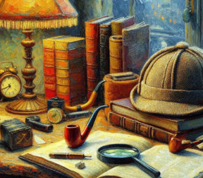 Imagen de una pintura impresionista con un escritorio con libros, una lupa y un sombrero de detective para ilustrar el texto de detectives en la literatura