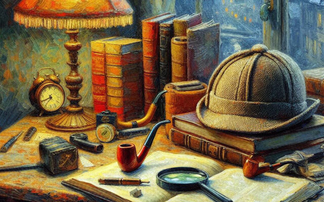Imagen de una pintura impresionista con un escritorio con libros, una lupa y un sombrero de detective para ilustrar el texto de detectives en la literatura